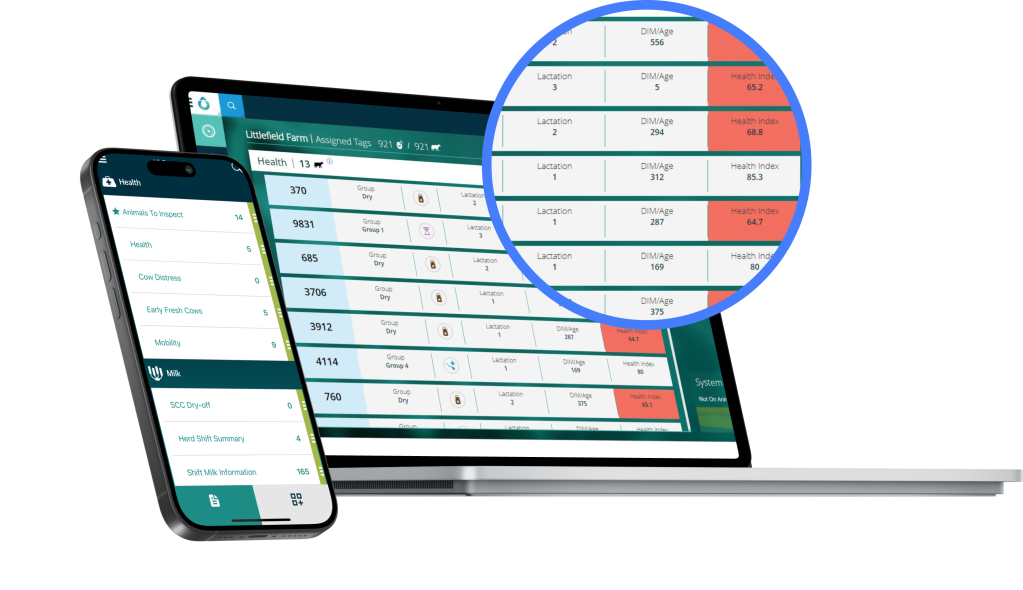 SenseHub Dairy data shown on screen of phone and laptop